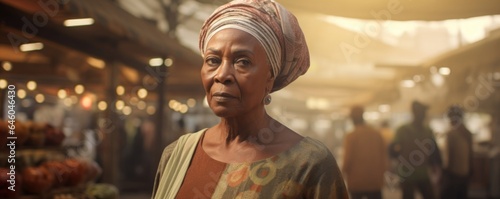 elderly African woman in busy marketplace pauses before stall selling technological devices, look of selfdoubt in eyes. Possibly grappling with learned helplessness, believing she may be too