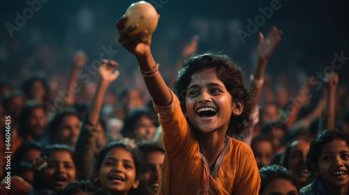 dusky young Indian girl stands amidst crowd cheering at football ground. She holds football in hand, brief hesitation in eyes mirrors selfdoubt, crowd brings to light social comon comparing