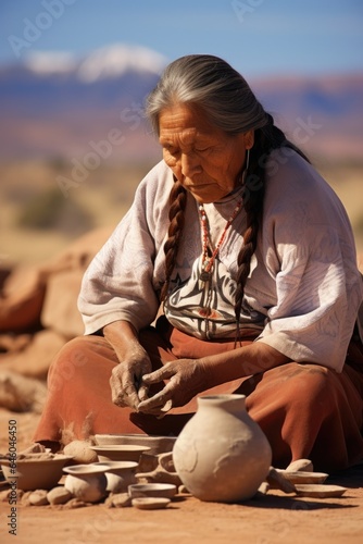 Native American woman sitting in calm desert landscape goes through menopausal transition, kneading clay to imbibe emotions into pottery. she contours shapeless clay addressing temperamental photo