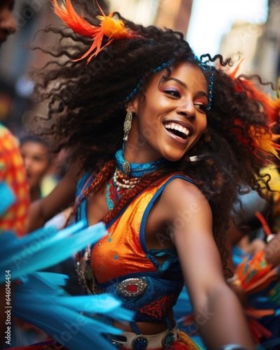 youthful South American woman, exuding energy and vitality, seen dancing passionately in colorful streets during Carnaval. Acknowledging extraversion, she gains fulfillment by immersing