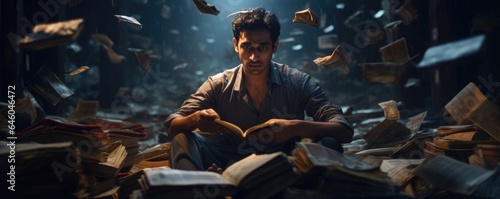 young South Asian man, seemingly in early adulthood, seen submerged in book at bustling train station. aura of tranquility amidst chaos signifies pursuit of flow, state propelling him towards