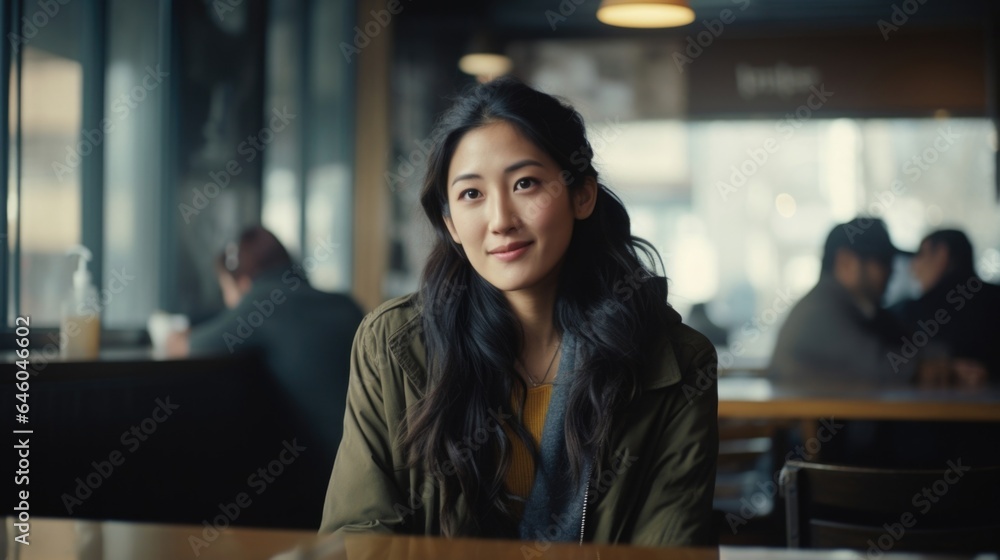 In bustling city cafe, Asian woman in early thirties finds herself lost in flirtatious text exchanges with man other than spouse. sparkle in eyes and faint smile on lips reveal sense of excitement In bustling city cafe, Asian woman in early thirties finds herself lost in flirtatious text exchanges with man other than spouse. sparkle in eyes and faint smile on lips reveal sense of excitement