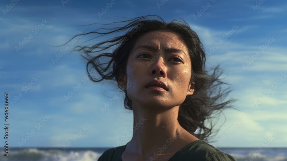 Along distant sandy seashore, mature Pacific Islander woman scans infinite horizon, thoughtful gaze lost in seas hypnotic dance. Caught in this trancelike state, mind toys with concept of hypnosis