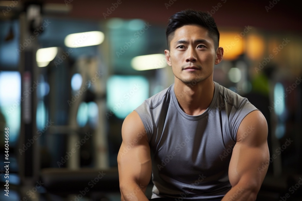 physically fit man of Asian descent sits at local health club, taking breather post workout. Elevated adrenaline levels and release of endorphins postworkout feed into visibly heightened spirits.