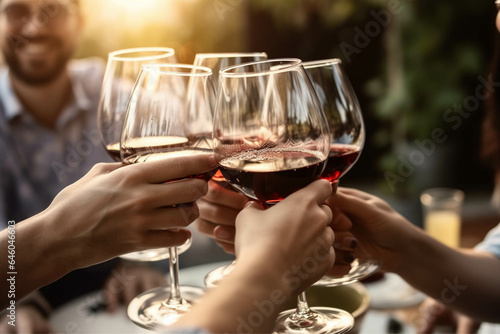 Clinking glasses with red wine and toasting. Outdoor party at sunset. Socializing.