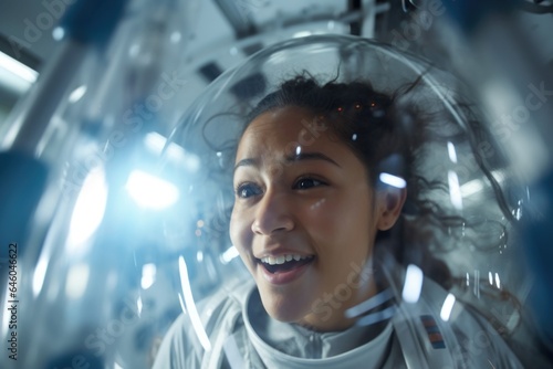 In depth of research facility  young Pacific Islander woman astronaut undergoing preflight training in midst of rigorous centrifuge testing. disorientation she experiences due to vestibular