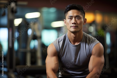 physically fit man of Asian descent sits at local health club  taking breather post workout. Elevated adrenaline levels and release of endorphins postworkout feed into visibly heightened spirits.