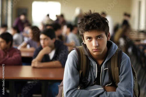 Hispanic teenager captured isolated in noisy high school cafeteria, clammy hands clutching tightly onto backpack. hunched shoulders, averted gaze, and avoidance of social interaction indicative