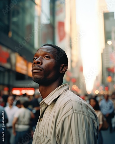 lone African American man in prime stands on edge of bustling city street. He jerkily glances at watch, then around crowd. sweat, rapid breathing, and restlessness resonate with symptoms of