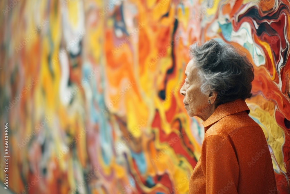 In quiet hush of public gallery, elderly woman of Hispanic descent stands before abstract painting. She muses, observing swirls of color silently and deeply reflecting on emotions they stir In quiet hush of public gallery, elderly woman of Hispanic descent stands before abstract painting. She muses, observing swirls of color silently and deeply reflecting on emotions they stir