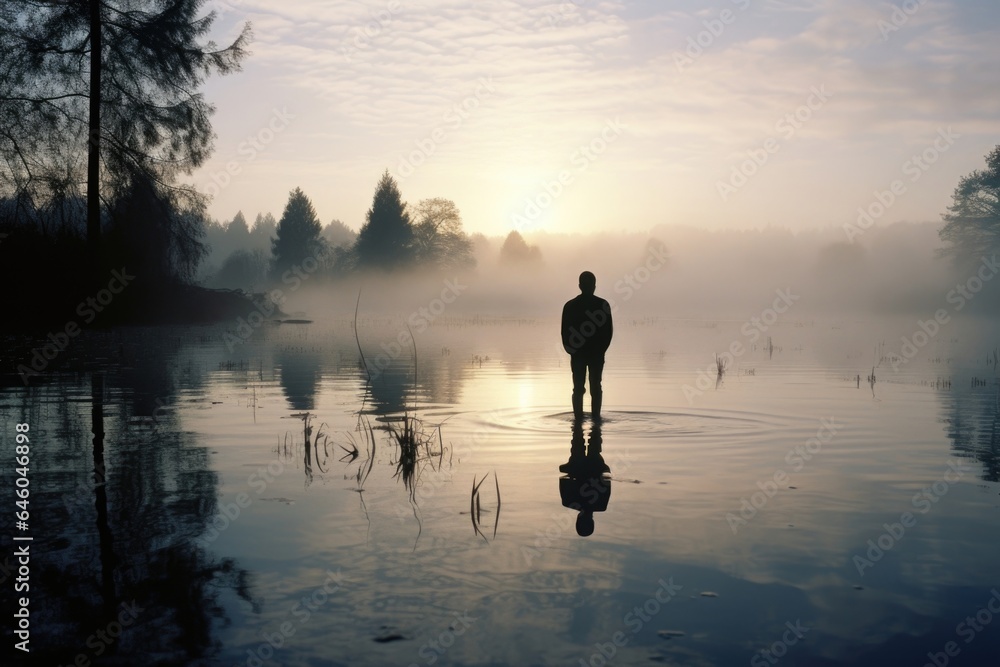 youthful, fairskinned male of European ethnicity stands at edge of serene lake at dawn. He observes mirrored image ripples across water surface, reflecting on past actions and future prospectsan