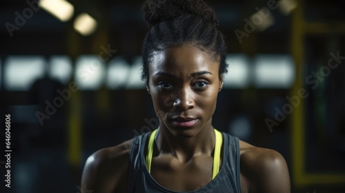 young African adult woman in gym setting  sweatsoaked brow reflecting intense workout. determination evident she physically exerts herself  displaying resilience by implementing active coping