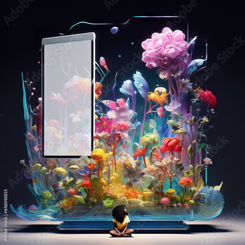 Teenage Girl sitting in a beautiful technology forest