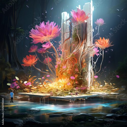 Teenage Boy Standing in a beautiful technology forest