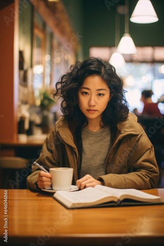 At bustling coffee shop in any city, adult woman of Asian descent observed. She engrossed in journal, writing furiously, highlighting od of coping through catharsis. psychologist had recommended