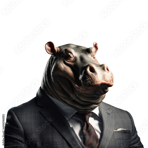 Portrait of Humanoid Anthropomorphic Hippopotamus Wearing Businessman Suit Isolated Transparent