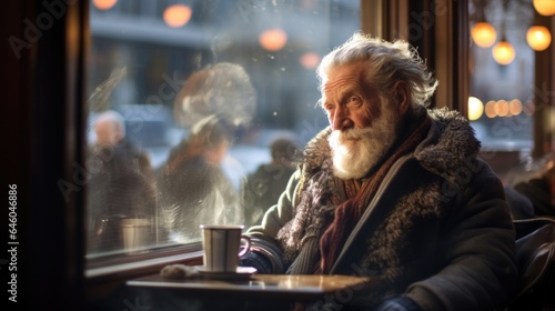icy morning swirls around elderly Caucasian man in cozy nook of bustling coffee shop. gaze remains transfixed on steaming cup of coffee before him, he seems lost in cognitive process of introspection,