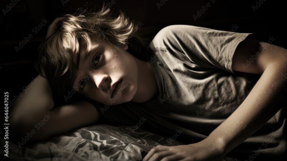 On second floor of suburban home, adolescent Caucasian boy finds himself abruptly awakened, drenched in sweat after experiencing nightmare. Hes grouchy, rubbing eyes and exhibiting signs of On second floor of suburban home, adolescent Caucasian boy finds himself abruptly awakened, drenched in sweat after experiencing nightmare. Hes grouchy, rubbing eyes and exhibiting signs of