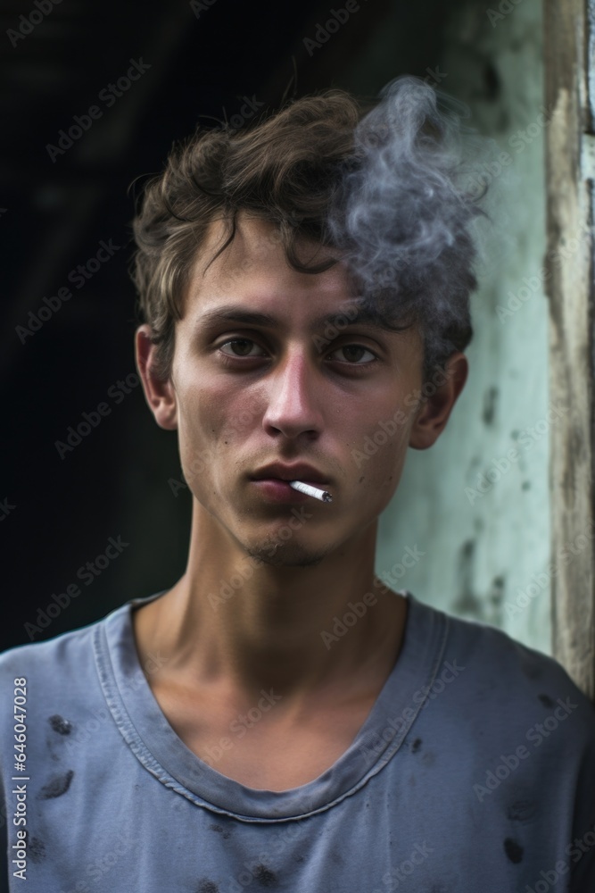 young male, ly out of adolescence, with ashen complexion gazes longingly at end of cigarette stub. He shrouded in smoky haze of dingy back alley. Withdrawal symptoms and persistent cravings young male, ly out of adolescence, with ashen complexion gazes longingly at end of cigarette stub. He shrouded in smoky haze of dingy back alley. Withdrawal symptoms and persistent cravings
