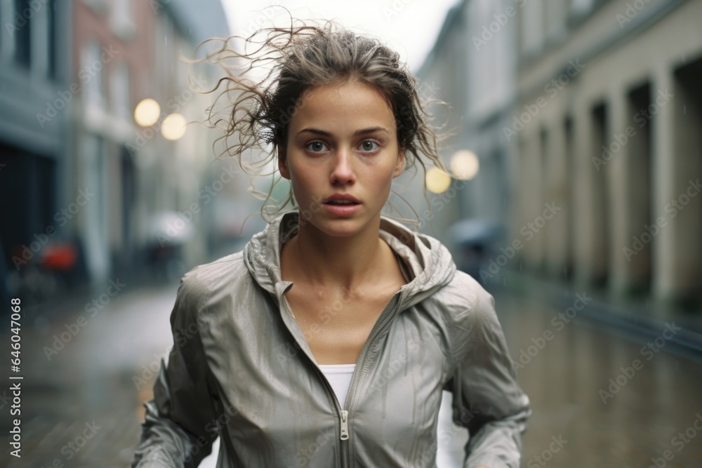 In typically serene town, young Caucasian woman continues to run despite consistent drizzling rain. grimaces visibly register physical strain, but evident psychological term in play here resilience,