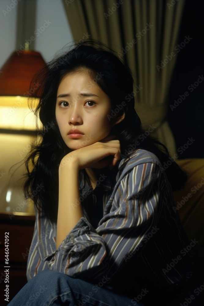 youthful Asian woman, presumably in early adulthood, quietly sits in spacious living room. Shes remarkably distant from television screen showcasing thunderstorm. image details case of ashobia, youthful Asian woman, presumably in early adulthood, quietly sits in spacious living room. Shes remarkably distant from television screen showcasing thunderstorm. image details case of ashobia,
