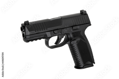 Modern semi-automatic pistol isolate on a white background. Armament for the army and police. Short-barreled weapon