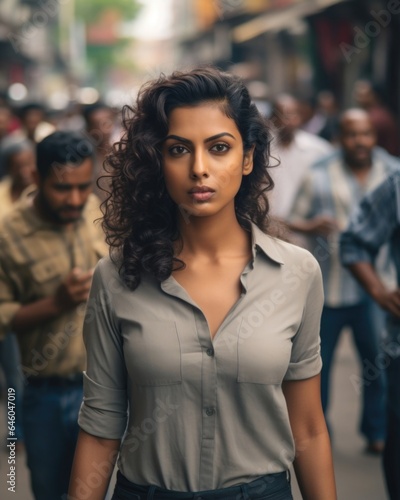 young Sri Lankan woman in busy city street, being preoccupied by own thoughts, unintentionally distancing herself from others, anonymized due to passive avoidance, said to be maladaptive approach