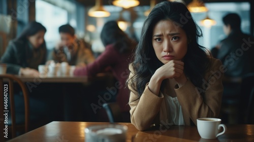 In crowded cafe , Asian woman in late thirties sits alone, cup of coffee untouched. In face, we see perplexing alternation between euphoria and despair, highlighting mood swings that symptomatic © Justlight