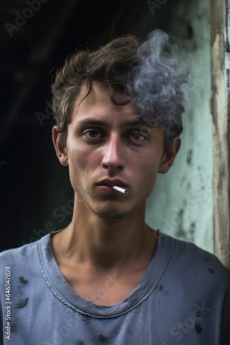 young male, ly out of adolescence, with ashen complexion gazes longingly at end of cigarette stub. He shrouded in smoky haze of dingy back alley. Withdrawal symptoms and persistent cravings