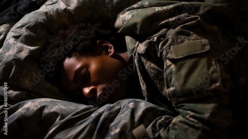 In military bunker, young African American soldier wrestles with sleep, nightmares of war horrifically peace. experiences can be categorized under Combat Stress Reaction (CSR), common psychological
