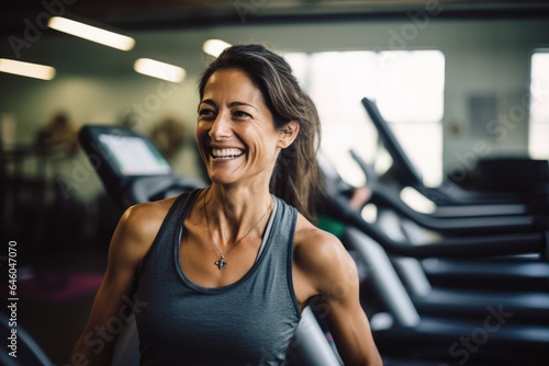 Woman in gym against background of treadmills