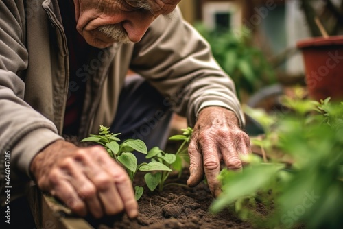 Amidst gloomy day in quaint neighborhood, elderly Caucasian man stoops over plant bed. wrinkled, dirtstained hands work passionately, lovingly nursing flora to life. He practices horticultural