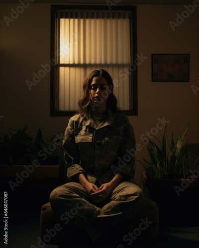 Inside dimly lit room of small apartment, Hispanic woman in late twenties immerses herself in mindfulness meditation. veteran combat nurse still dealing with PTSD, she relies on psychological photo