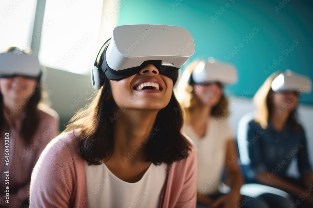 young Hispanic adolescent girl p in serene school counselors clinic. She battling social anxiety and shown engaging with other students through mediated video chats, exemplifying process of