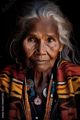 Fototapet mature woman of Indigenous Australian lineage sits oldfashioned in ancestral dwelling, reciting old tales and legends