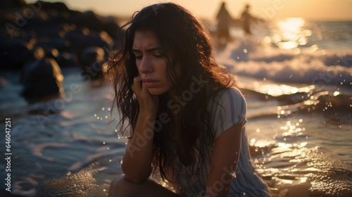 At crowded beach, young Hispanic woman engrossed in own world. Balancing psychology journal on knees, she navigates through labyrinth of guilt. crashing waves parallels oscillating feelings