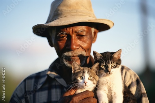 Pictured elderly African American man in tranquil rural scene. He working with on gradual desensitization to diminish longstanding aversion to cats. He starts by viewing still images of kittens,