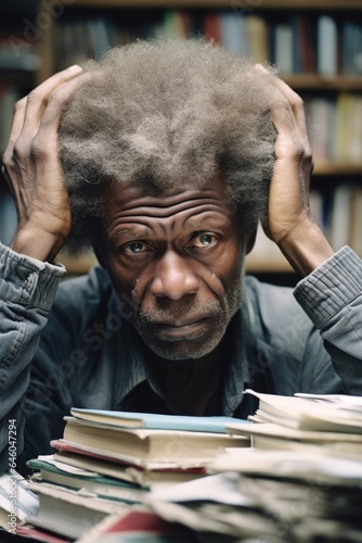 older, African man seen in humble library, surrounded by stacks of dense textbooks. He evidently distressed, wrinkled hands buried in saltandpepper hair. He picture of intellectual frustration,