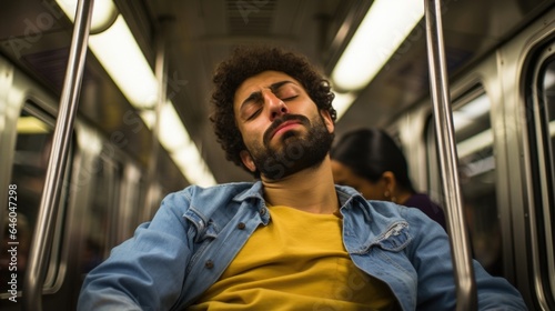 stressed out young adult male, of Middle Eastern descent, squirms uncomfortably for physical space during subway commute, igniting irritability. Deficiency in personal space evokes discomfort,