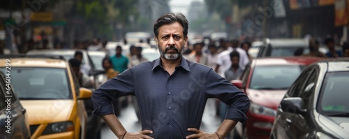 middleaged, SouthAsian man standing by road filled with relentless traffic. arm, extended for taxi that never seems to appear, look of exasperation perfect example of goalblocking frustration