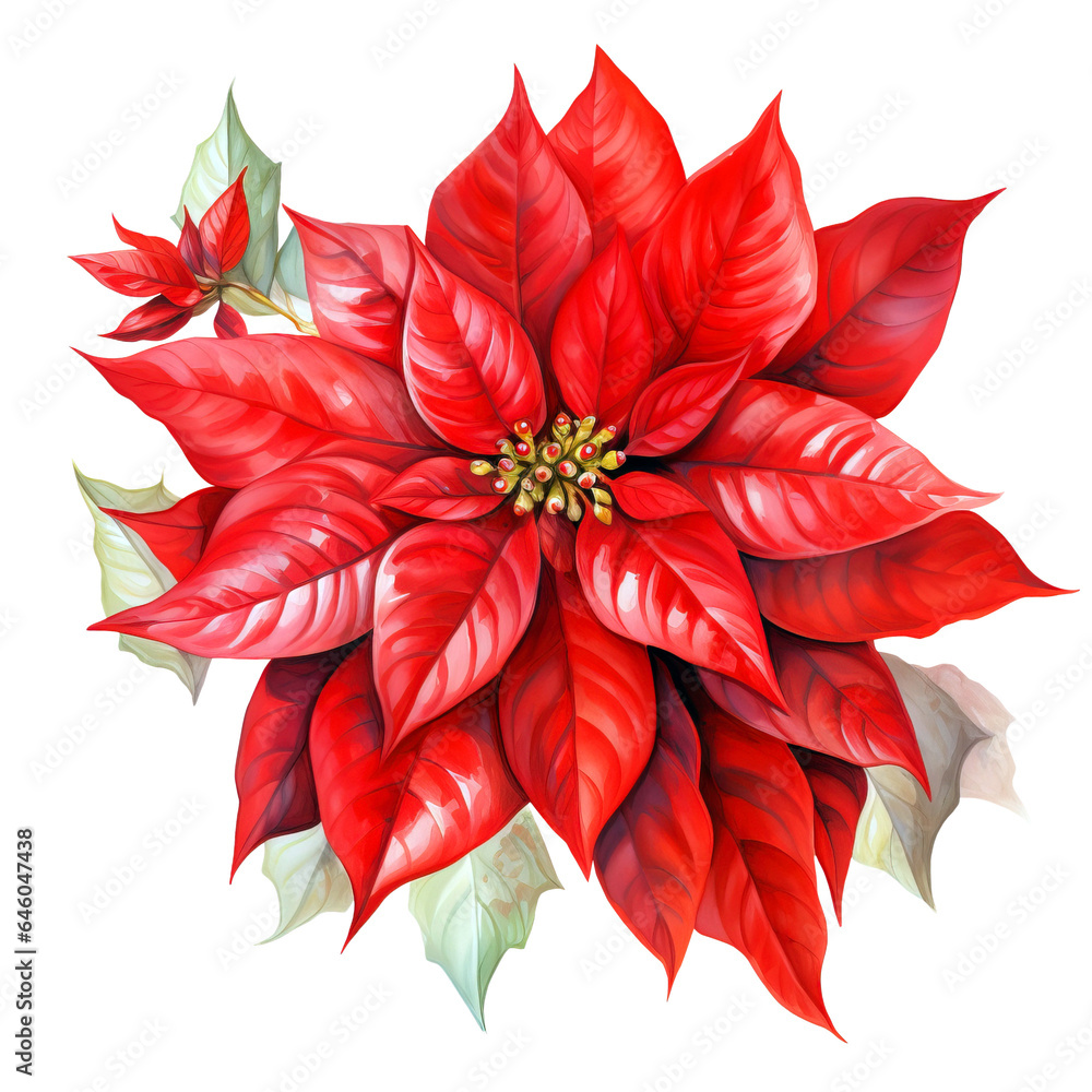 Watercolor hand painted illustration of red poinsettia flower isolated on white background. Christmas elements clipart.