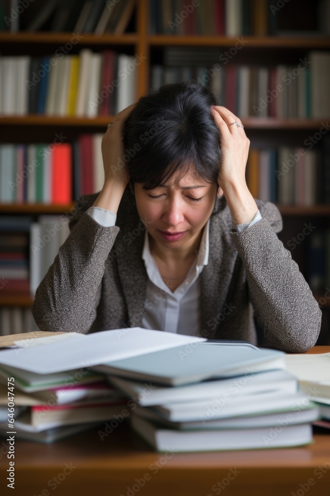 mature Asian woman finds herself in elegant home office, place often associated with productivity and efficiency. tired eyes scan over unread books she battles with onset insomnia, unable to mature Asian woman finds herself in elegant home office, place often associated with productivity and efficiency. tired eyes scan over unread books she battles with onset insomnia, unable to
