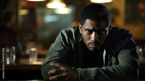 young African American male in twenties sits alone in bar, behavior signifying habitual abuse of substances, common symptom and coping mechanism for those living with Post Traumatic Stress