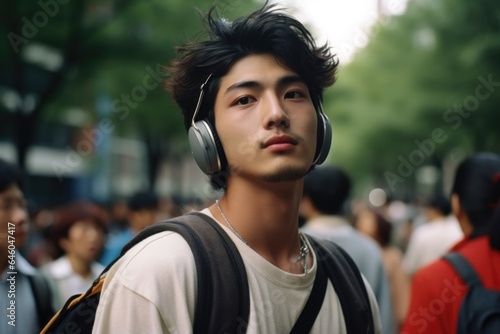 Tablou canvas young adult male of East Asian lineage seen standing in crowded city square, eyes closed and earphones in