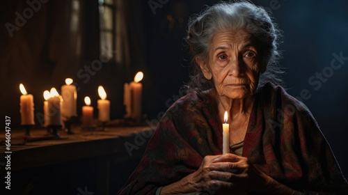 older Latina woman sits serenely in dimly lit room, flicker of candles casting long shadows on weathered face. Meditative music soothes upheaval she has been grappling with. focus on mindfulness,