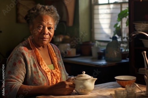 Last scene features mature African American woman cradling cup of herbal tea in quaint kitchen, gaze fixed on soing far beyond physical realm. silent story of comorbid insomnia written amid