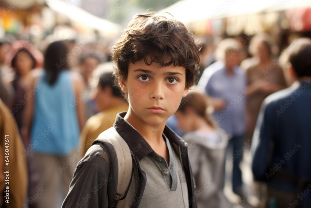 young Mediterranean boy surrounded by people in busy marketplace. He seems to be indulging in compulsive talk, flitting from one subject to another with no coherence, which might be due to young Mediterranean boy surrounded by people in busy marketplace. He seems to be indulging in compulsive talk, flitting from one subject to another with no coherence, which might be due to