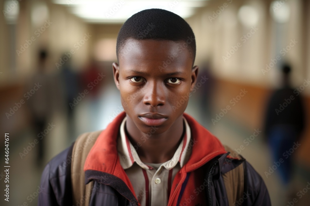 African teenage boy walks through halls of high school, shoulders hunched and eyes downcast. He lashes out at peers without provocation, clear case of hostility. This boys condition could be African teenage boy walks through halls of high school, shoulders hunched and eyes downcast. He lashes out at peers without provocation, clear case of hostility. This boys condition could be