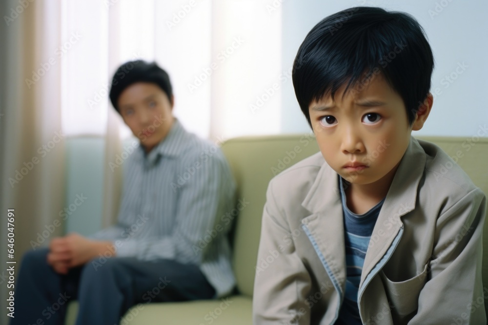 young Asian boy, with apprehensive look on face, guided by through scene from past in small, intimate consultation room. They immersed in Prolonged Exposure therapy, theutic tactic used in young Asian boy, with apprehensive look on face, guided by through scene from past in small, intimate consultation room. They immersed in Prolonged Exposure therapy, theutic tactic used in