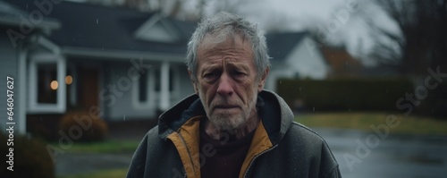 aging Caucasian man, living by himself in suburban neighborhood, stares out into void, resonating with despair and loneliness. vulnerability illuminated by melancholic gaze encapsulates essence